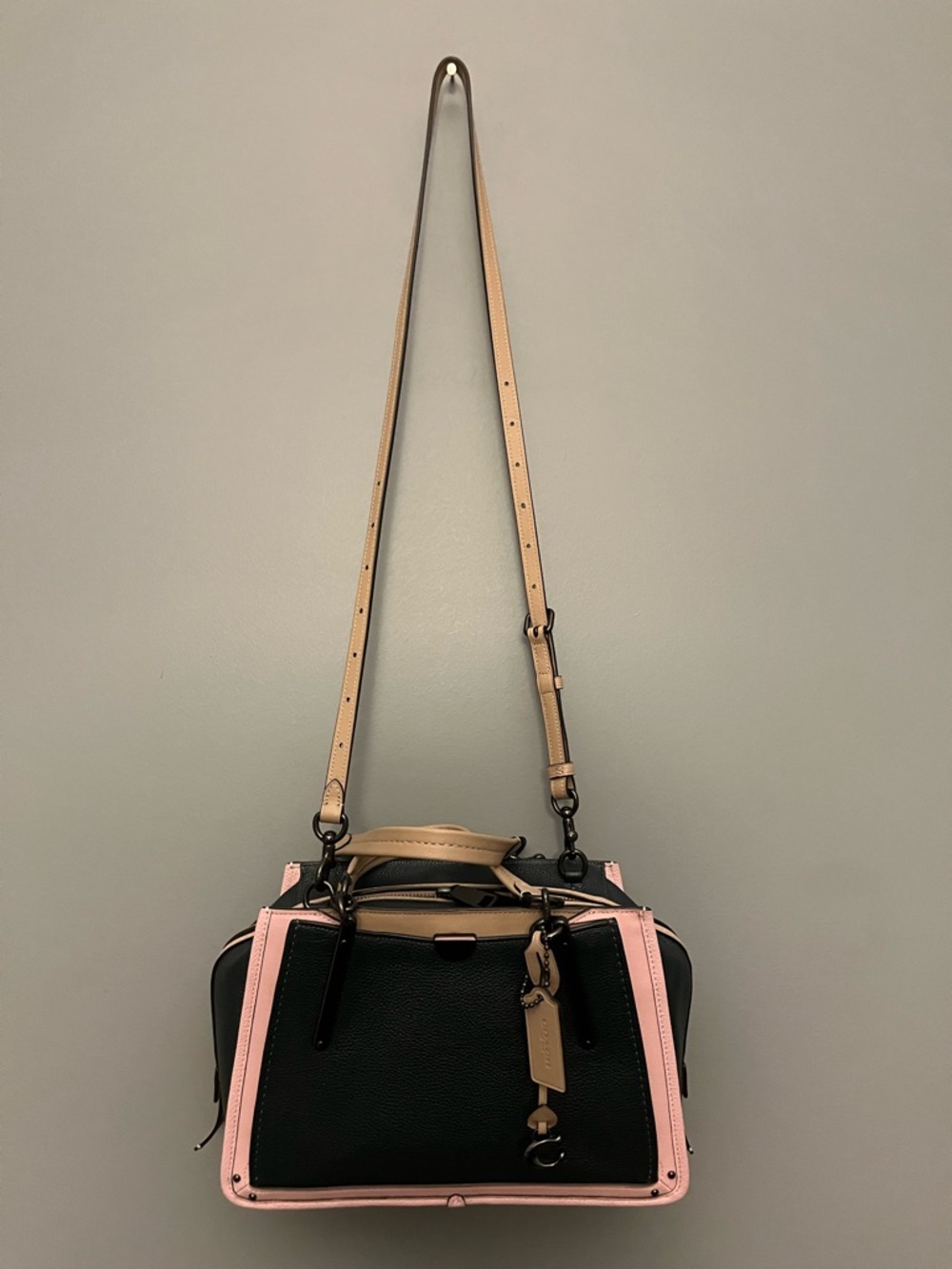 Coach Dreamer 27 Colorblock Pine Green Pink/Tan Trim Crossbody/Shoulder Satchel